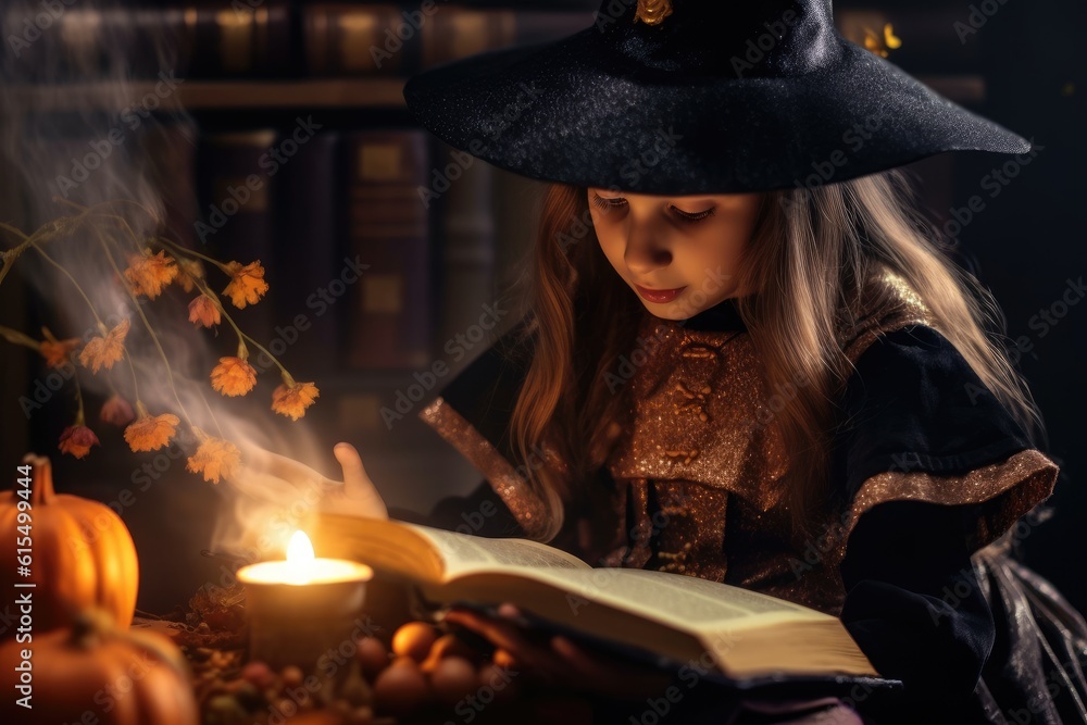A child in a witch costume opening a magic book. Generative AI A child in a witch costume opening a magic book. Generative AI