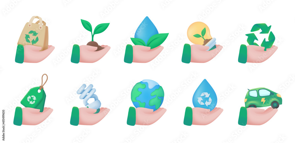 Fototapeta premium hands holding natural materials environmental conservation concept 3D vector illustration