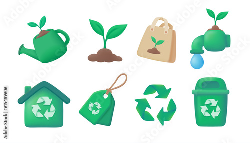 Planting trees and using recycled materials helps reduce waste in the world. 3D vector illustration