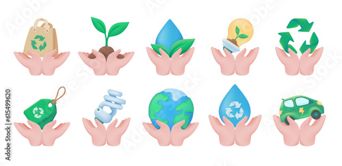 hands holding natural materials environmental conservation concept 3D vector illustration