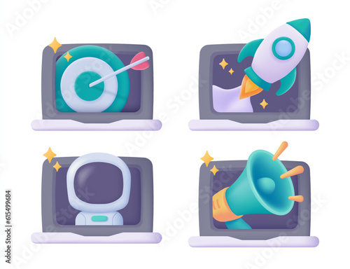 The rocket pierced the computer screen. concept of striving towards business goals 3d vector illustration