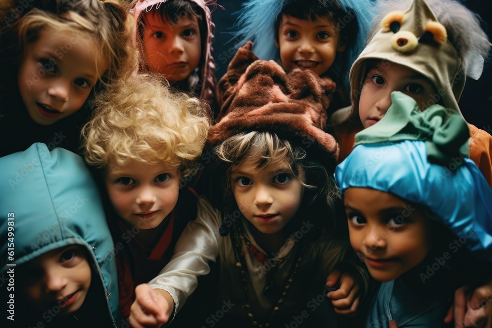 Children, dressed in a variety of Halloween costumes, in a low - angle shot against a warm pastel backdrop. Generative AI