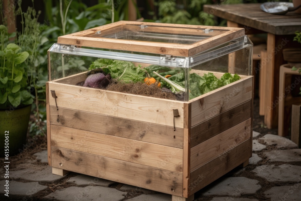 Fotografie compost bin with clear lid for easy access and observation, created with generat