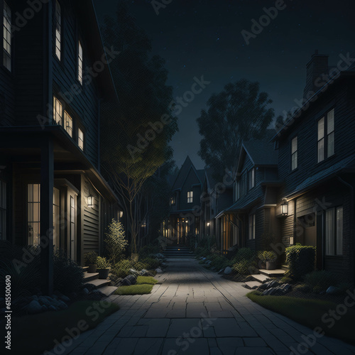 Small Neighborhood Alley With Classic Houses, Green Gardens and Trees, Warm Lights, Night scene Generative Ai