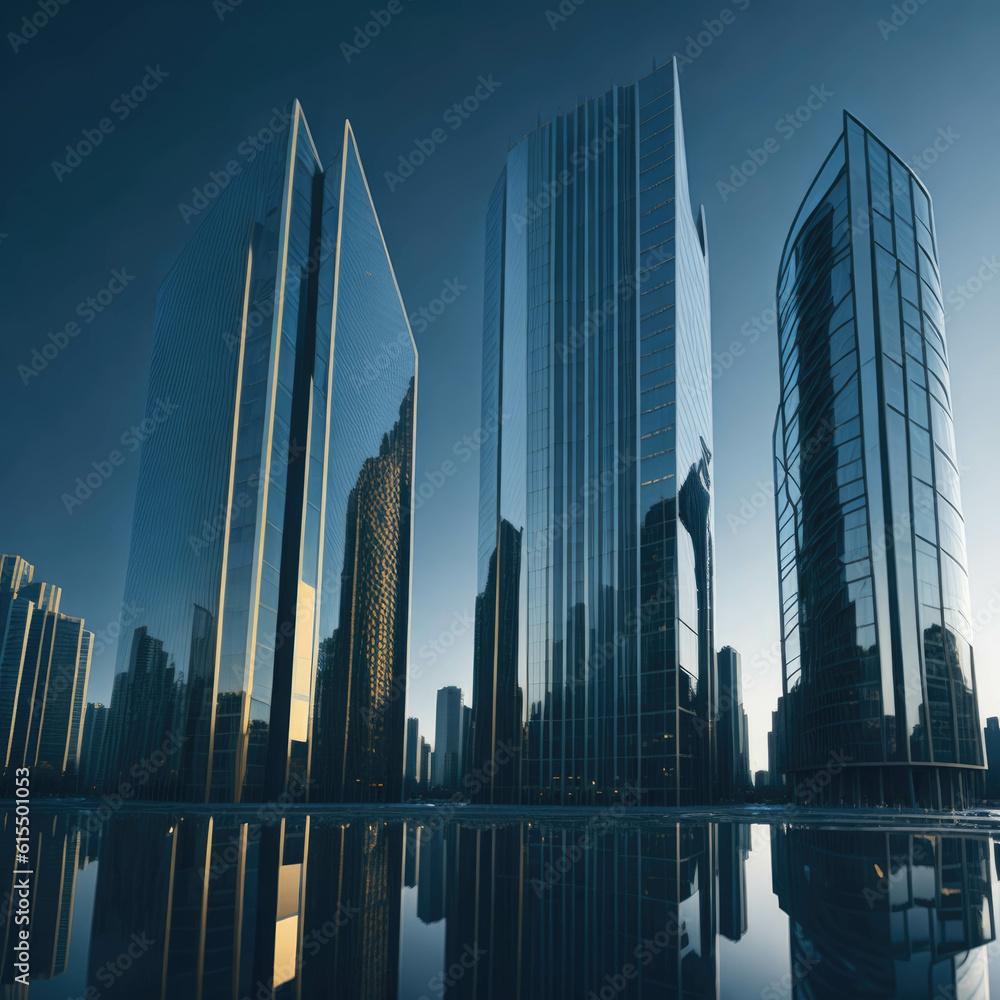 Modern Stylish Tall Glass Frame Skyscraper,  Blue Sky Reflections, City View, Generative Ai