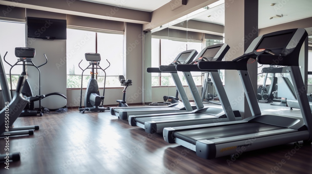 Fototapeta premium Sports equipment in fitness gym. Generative AI