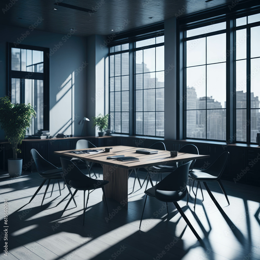 Modern Office Working Place, Large Windows With View, Conference room with Table and Chairs, Charts on Board, Hanging on wall, Clean Style, Sunlight, Generative Ai