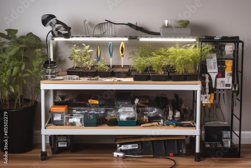 close-up of a homegrow setup with all the different tools and equipment visible, created with generative ai photo