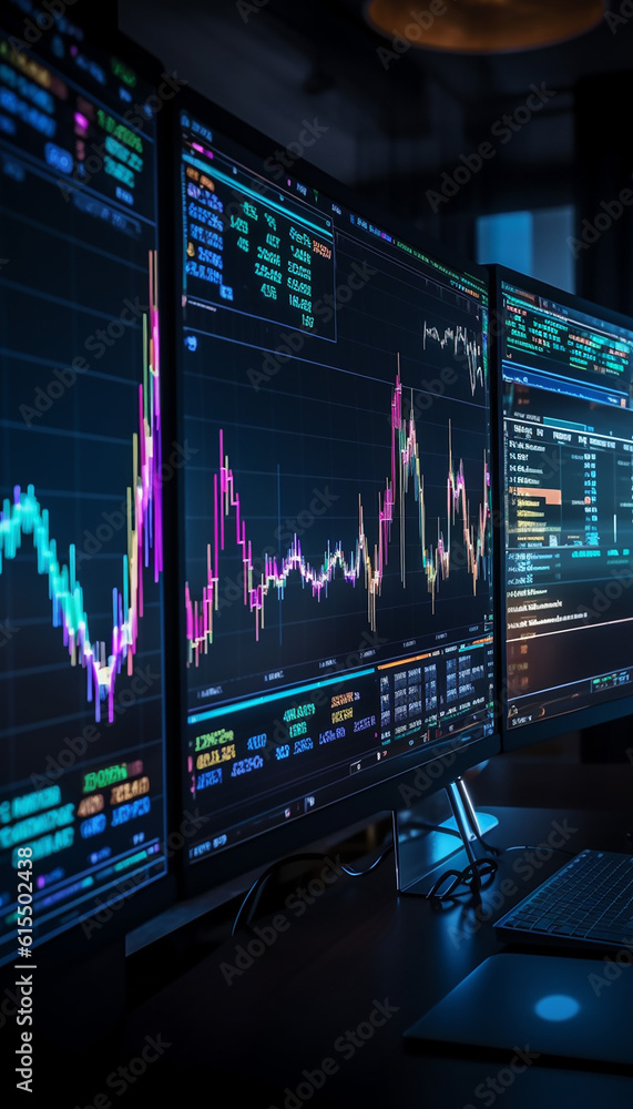 Generative AI monitors in the office on which forex tables are broadcast Generative AI monitors in the office on which forex tables are broadcast