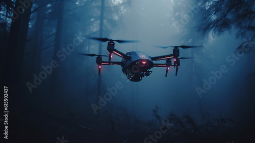 Generative AI a drone performs a reconnaissance flight in the forest © frimufilms