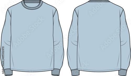 Men's long sleeve Crew neck T Shirt flat sketch fashion illustration drawing template mock up with front and back view