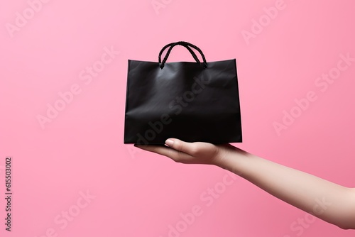 a woman's hand holding a black shopping bag on a pink background Generative AI