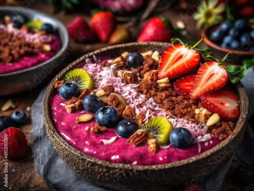 Generative AI illustration of delicious sweet dessert consisting of blueberries strawberries kiwi yogurt and nuts served in bowl