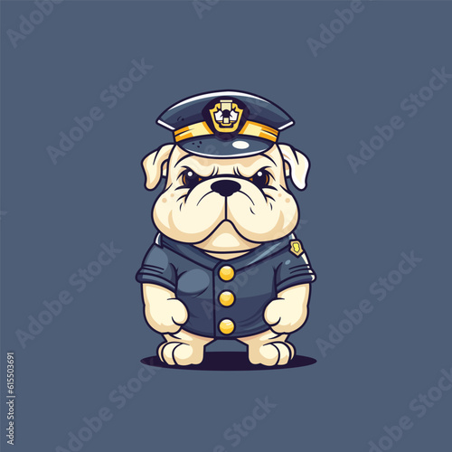 Cute bulldog dressed as a police officer in a 2D cartoon vector illustration