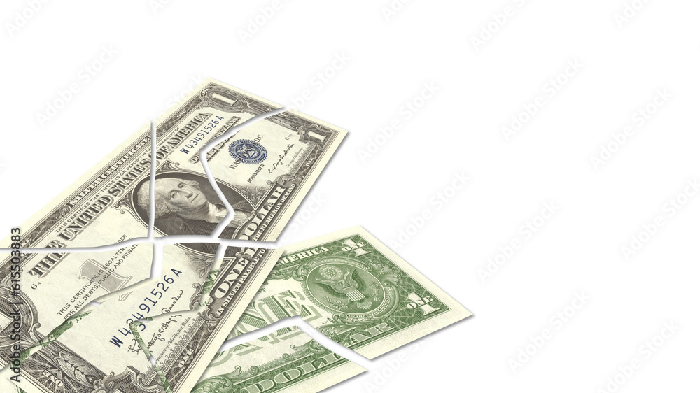 Financial and economic illustration. 3D banknotes of 1 US dollar denomination broken and torn to pieces. Crisis, default or collapse of the economy. White isolated background. Financial and economic illustration. 3D banknotes of 1 US dollar denomination broken and torn to pieces. Crisis, default or collapse of the economy. White isolated background.