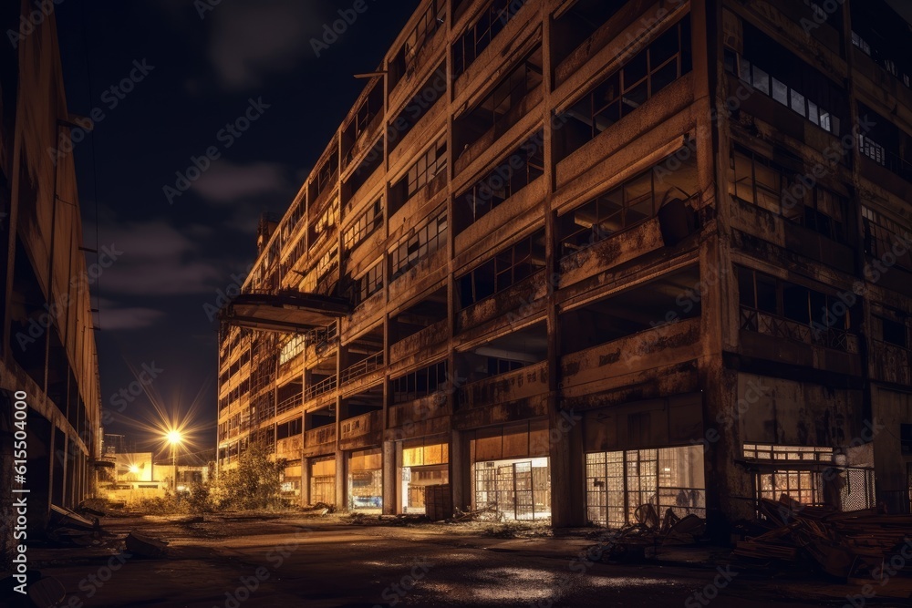 Abandoned Industrial Building Exteriors at Night with Dim Lighting Abandoned Industrial Building Exteriors at Night with Dim Lighting