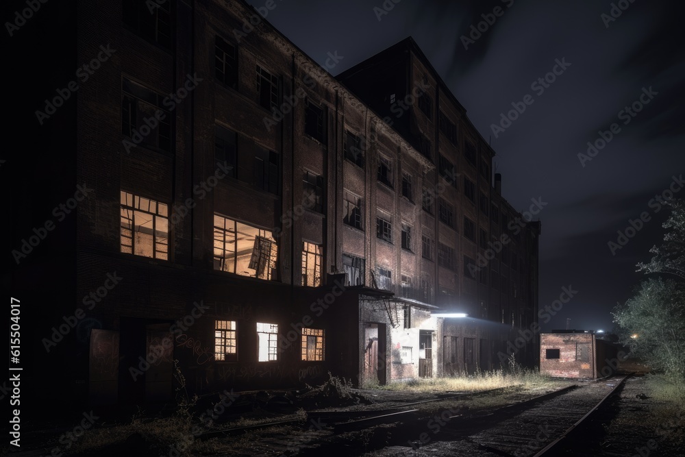 Abandoned Industrial Building Exteriors at Night with Dim Lighting Abandoned Industrial Building Exteriors at Night with Dim Lighting