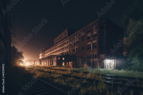 Abandoned Industrial Building Exteriors at Night with Dim Lighting