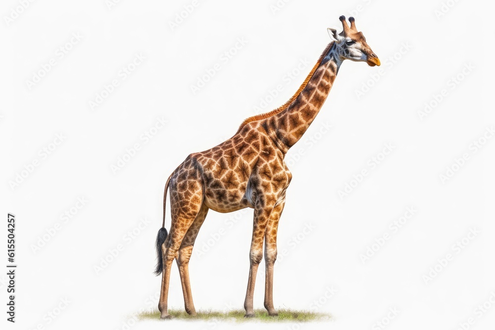 Naklejka premium A gentle and noble giraffe standing tall on a transparent background. Generative AI.