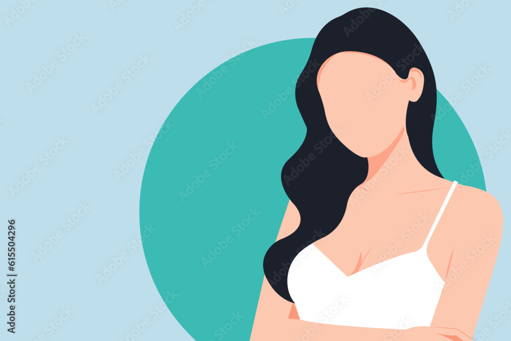 Vector illustration in a flat style. Banner with a young pretty woman in a fashionable white top with bare shoulders. On the left side is an empty space for text. Vector illustration in a flat style. Banner with a young pretty woman in a fashionable white top with bare shoulders. On the left side is an empty space for text.
