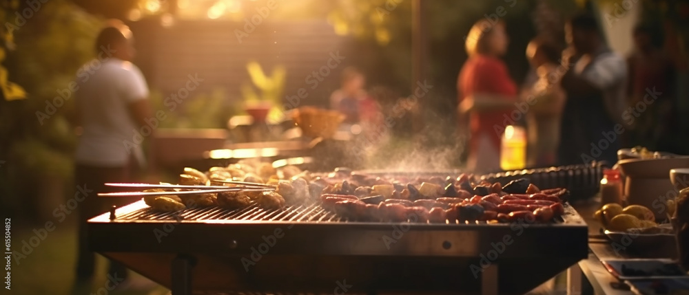 Barbecue grill during party at backyard with blured a lot of friends morning, birthday party of Happy family in nature while having a blast, Generative AI