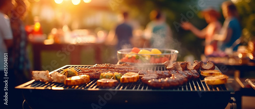 Barbecue grill during party at backyard with blured a lot of friends morning  birthday party of Happy family in nature while having a blast  Generative AI