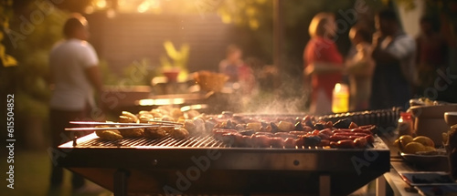 Barbecue grill during party at backyard with blured a lot of friends morning, birthday party of Happy family in nature while having a blast, Generative AI