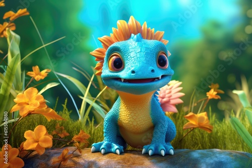 Cute Adorable Baby Dragon Lizard in 3D-Style Standing in Nature in Children-Friendly Cartoon Animation Fantasy Style generative AI.