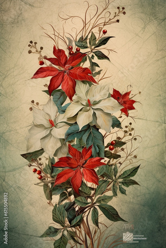Fir tree twigs and poinsettia flowers edges on simple background with copy space. Generative ai