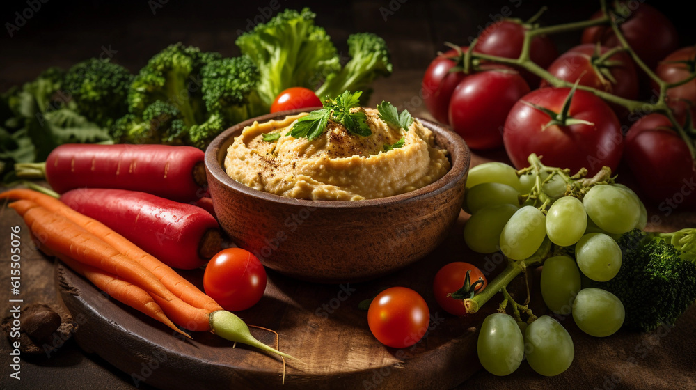 A bowl of creamy hummus surrounded by an assortment of fresh vegetables for dipping