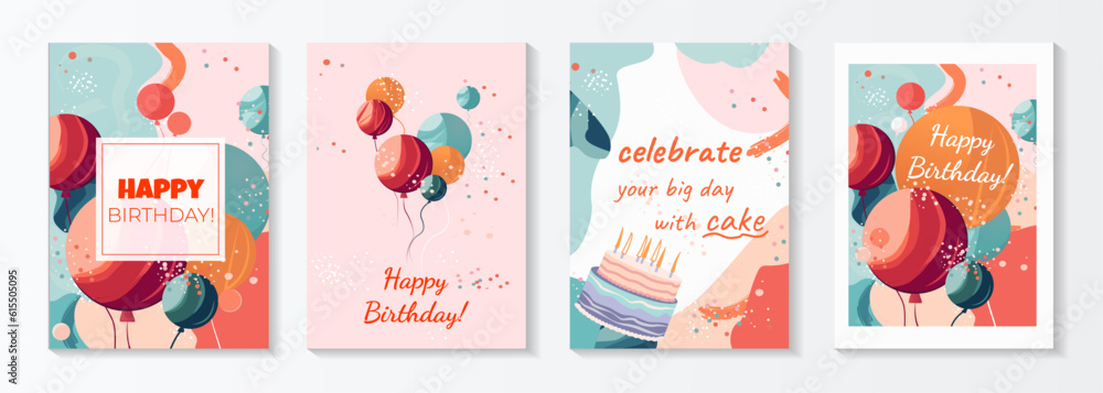 Set of lovely birthday cards design with cake, balloons and typography design. Abstract universal grunge artistic templates. For poster, business card, invitation, flyer, banner, email header - obrazy, fototapety, plakaty 