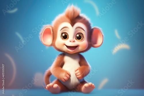 Cute Adorable Baby Monkey Chimpanzee in 3D-Style Standing in Nature in Children-Friendly Cartoon Animation Fantasy Style generative AI © Ecleposs
