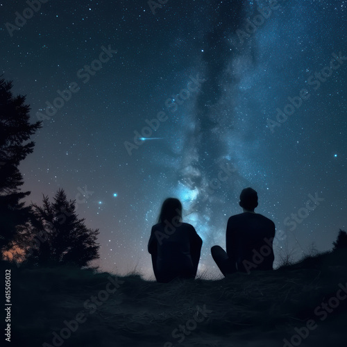 A couple of lovers sit and look at the stars. AI generative.