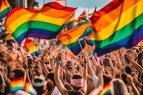 Generative AI illustration of group of people waving LGBT flags with raised arms and demonstrating together while standing in daylight