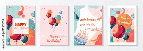 Fotografiet Set of lovely birthday cards design with cake, balloons and typography design