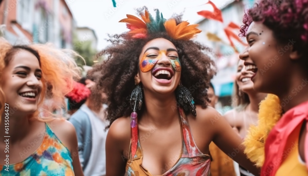 Carnival day in Brazil, woman and friends dancing at street. Generative ai Carnival day in Brazil, woman and friends dancing at street. Generative ai