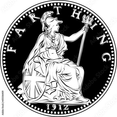 Vector money coin British farthing, Britannia on reverse. Black and white