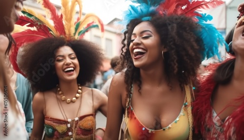 Carnival day in Brazil, woman and friends dancing at street. Generative ai