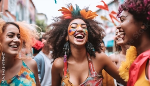 Carnival day in Brazil, woman and friends dancing at street. Generative ai