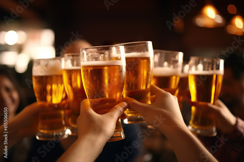 Cheers to Friendship Group of Happy Friends Toasting Beer with Glasses in Hand. created with Generative AI