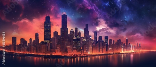 Chicago skyline  city lights up at night. Generative ai illustration