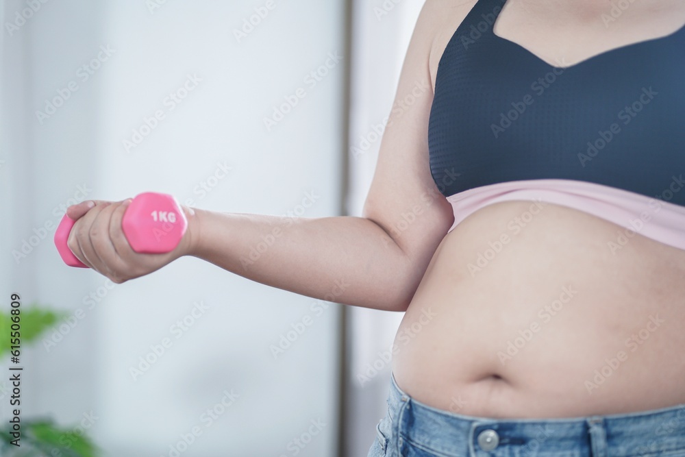 Overweight woman exercising for weight loss. exercise with dumbbells in stretching positions at home in the living room Cheerful Fat woman diet healthy lifestyle concept. Overweight woman exercising for weight loss. exercise with dumbbells in stretching positions at home in the living room Cheerful Fat woman diet healthy lifestyle concept.