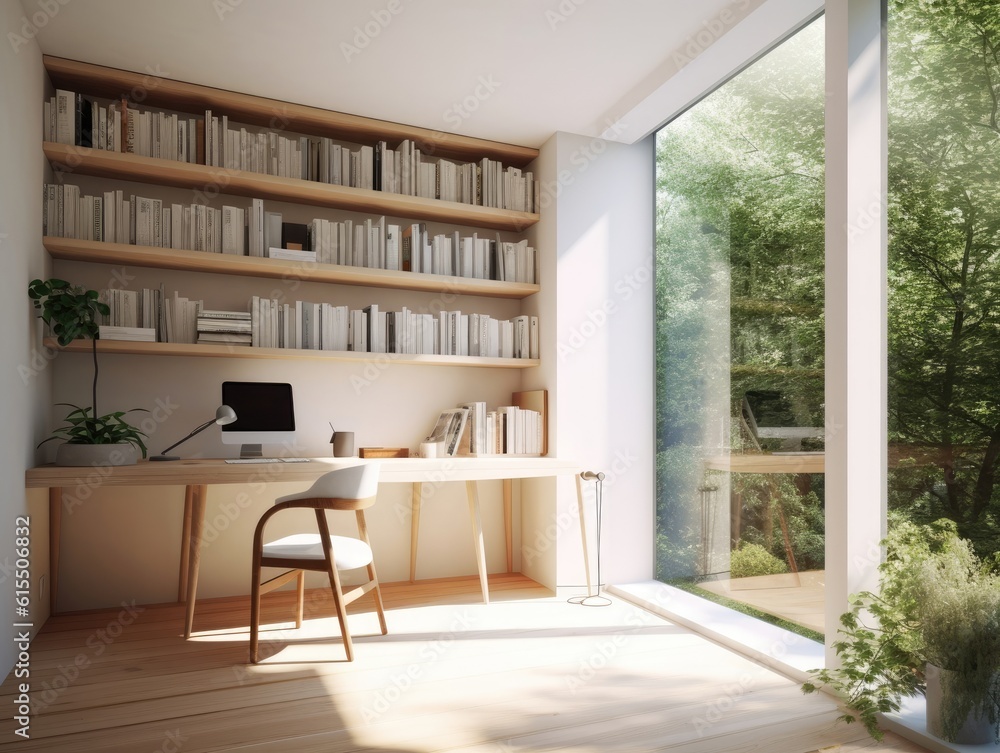 Cozy study room interior with book shelves, sofa and large windows. Generative AI Cozy study room interior with book shelves, sofa and large windows. Generative AI