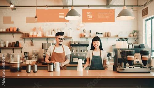 Coffee shop owners standing behind counter. Generative ai illustration