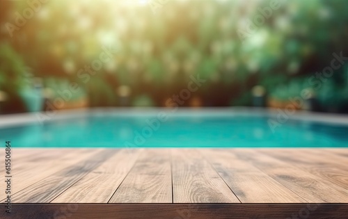 Abstract pool ambiance. Blurred pool background with wooden table for product showcase