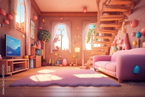 Cozy Cartoon 3D Room Designed for Children's Animation generative AI © Ecleposs