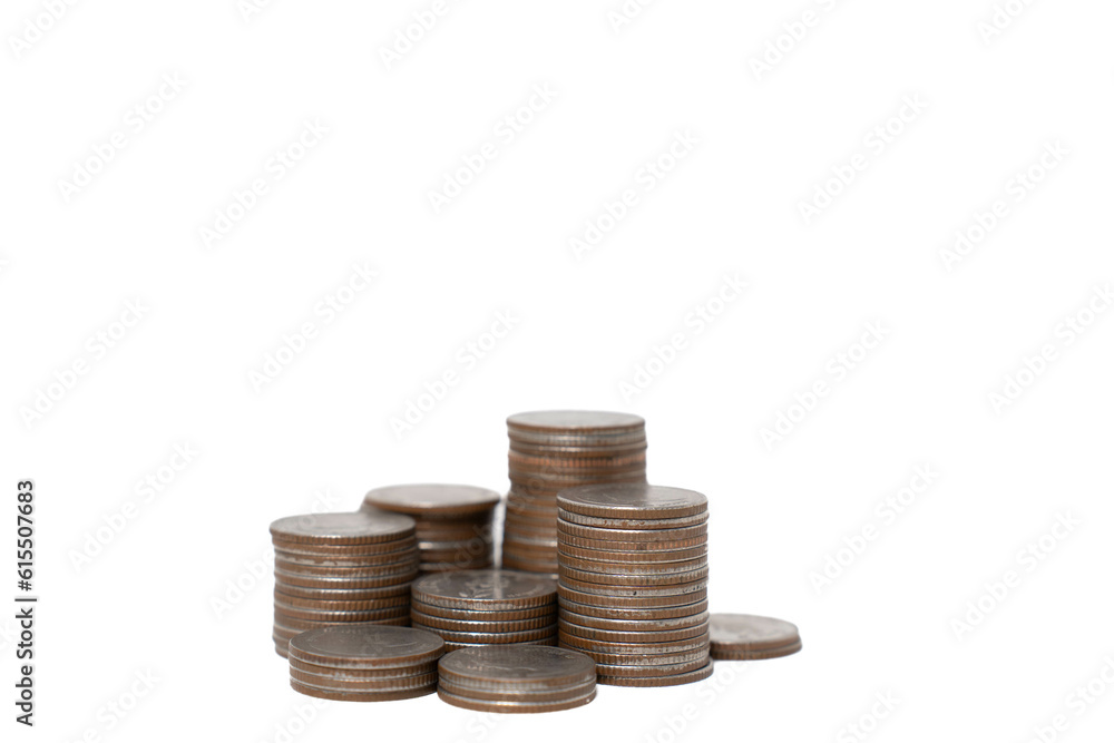 A pile of money coins on a white background. concept of saving money for investment in the future A pile of money coins on a white background. concept of saving money for investment in the future