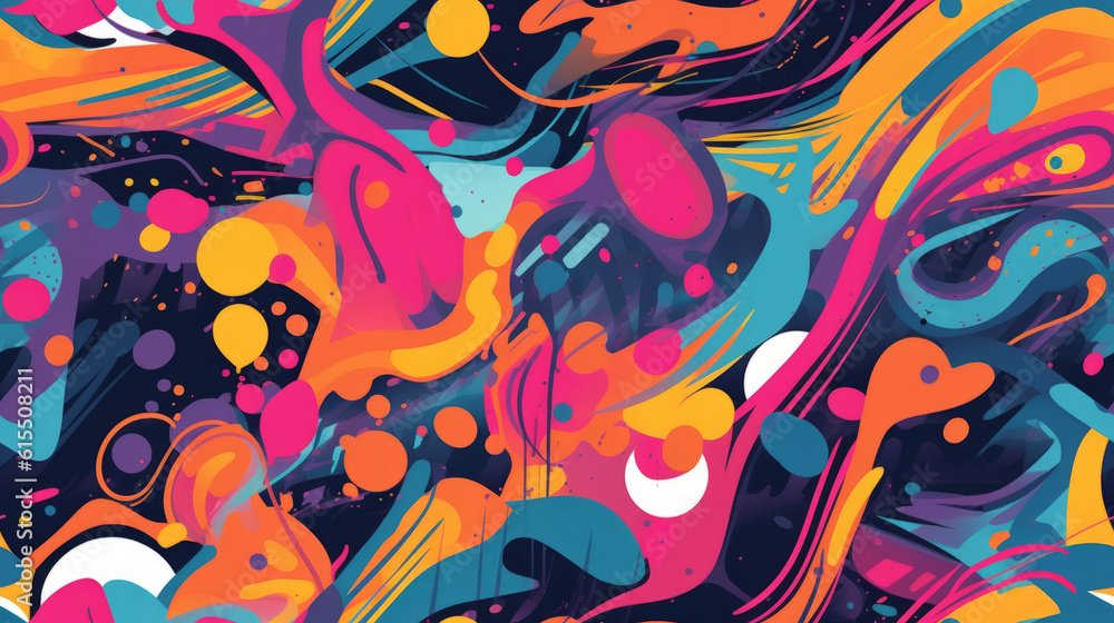 Dynamic seamless pattern background inspired by street art. Filled with vibrant splashes of color, graffiti-style elements