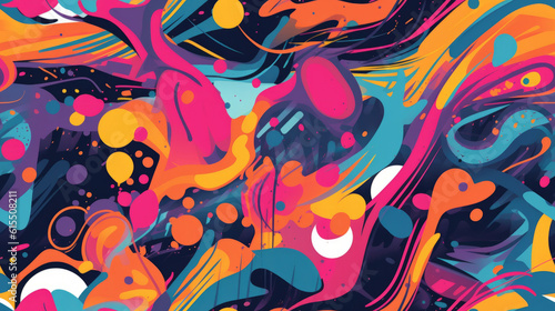 Dynamic seamless pattern background inspired by street art. Filled with vibrant splashes of color, graffiti-style elements © Keitma