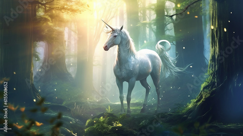 Illustration of the mythical creature the unicorn in fairy forest photo